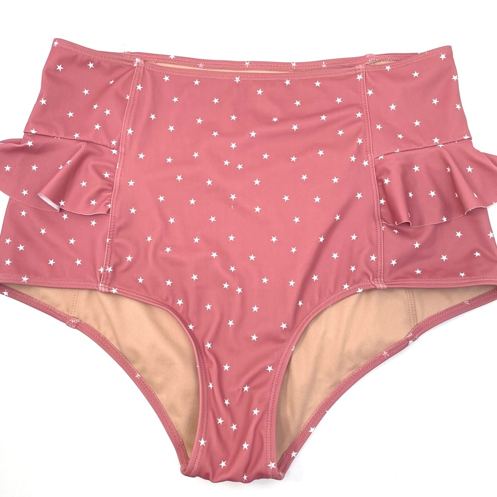 Kortni Jeane  Pink Star Pattern High Waist Side Ruffle Swim Bottoms - Like New!